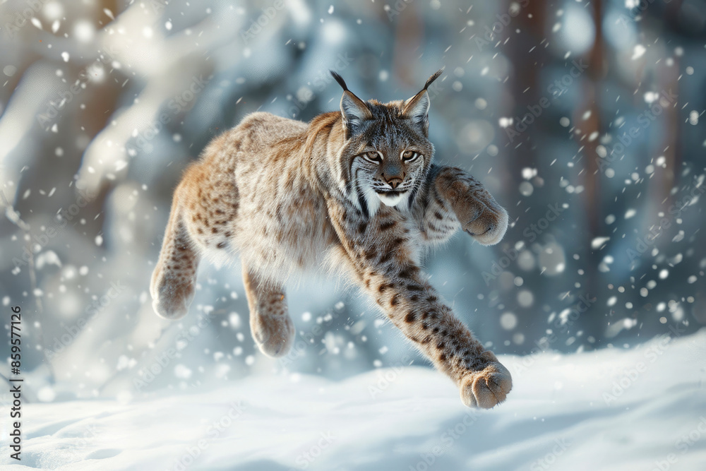A lynx pounces on its prey in a snowy forest, mid-air with paws extended