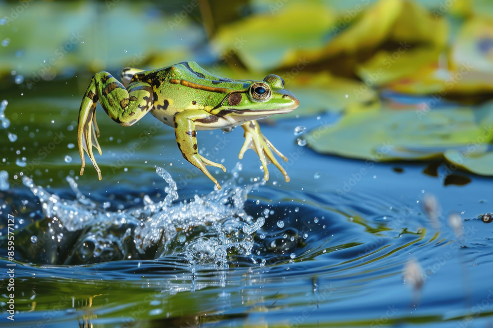 A frog leaps from a lily pad, mid-air over the water, legs stretched out A frog leaps from a lily pad, mid-air over the water, legs stretched out