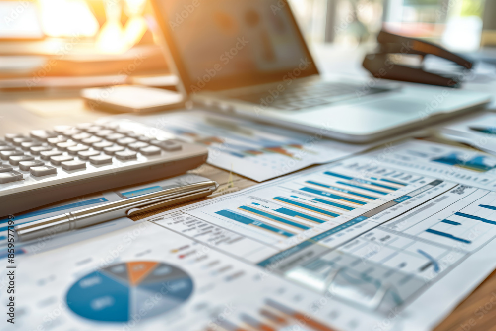 A workspace with financial documents, a calculator, a pen, a laptop, and various charts and graphs under warm sunlight A workspace with financial documents, a calculator, a pen, a laptop, and various charts and graphs under warm sunlight