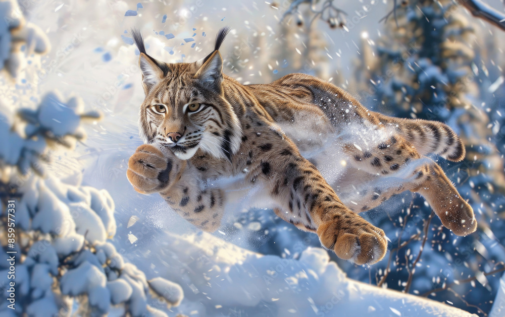 Obraz premium A lynx pounces on its prey in a snowy forest, mid-air with paws extended