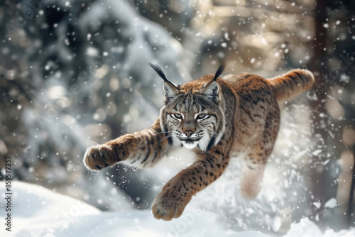 A lynx pounces on its prey in a snowy forest, mid-air with paws extended