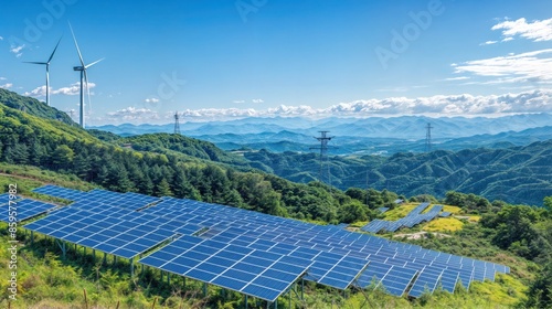 A wide view of solar panels on a hillside with a blue sky