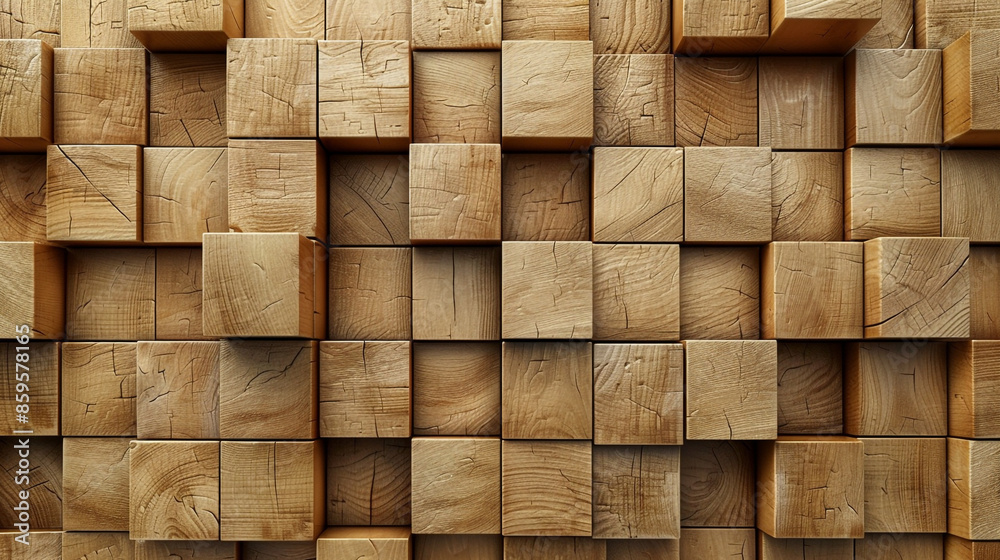 3d wooden square cubes wall background. Wallpaper of natural brown timber blocks stack. AI generated