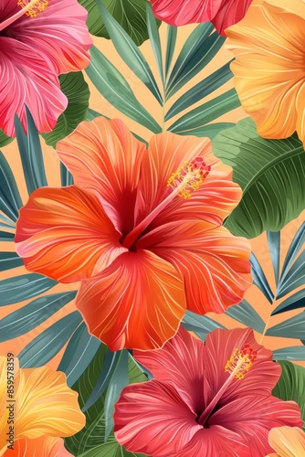 Vibrant Tropical Hibiscus Flowers and Lush Palm Leaves in a Beautiful Seamless Pattern