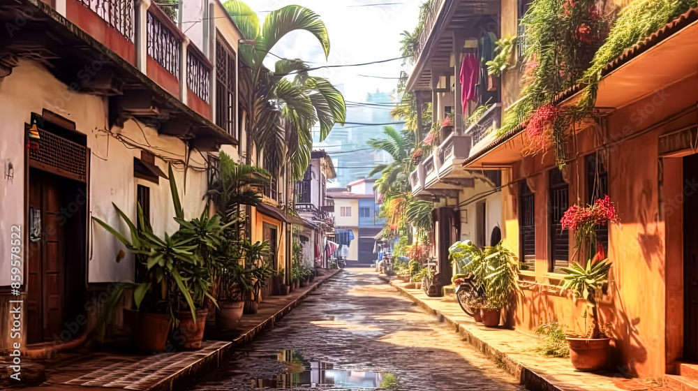 Fototapeta premium A colorful street scene with a mix of buildings and awnings.
