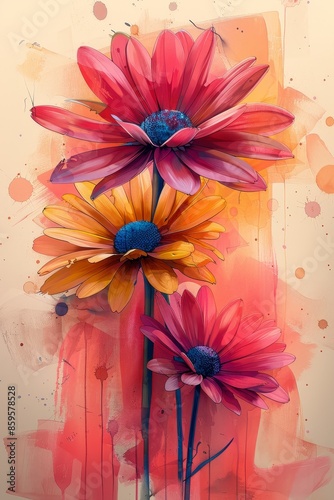 Watercolor Painting of Three Pink and Yellow Flowers With Abstract Background