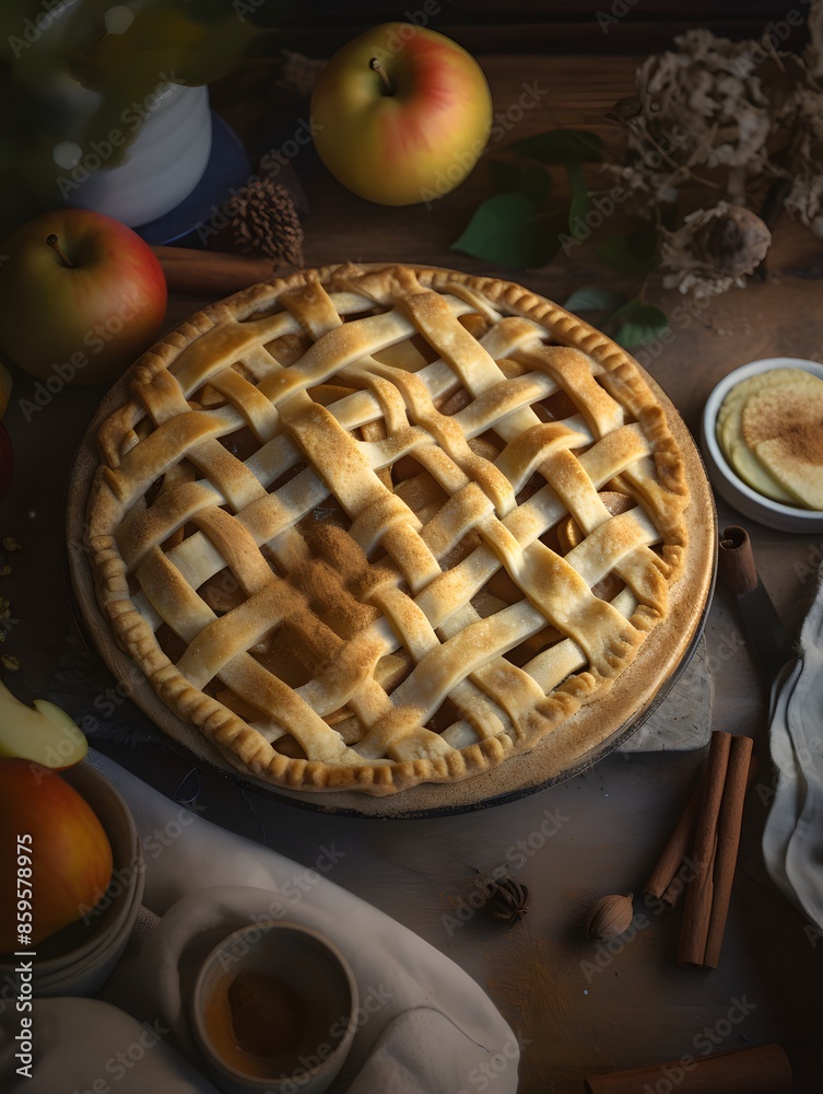 Homemade apple pie with lattice crust on a rustic table. Homemade apple pie with lattice crust on a rustic table.