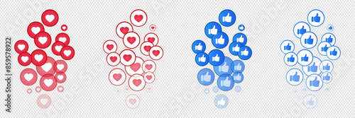 Like a blue icon and a heart icon. Live video broadcast,  likes. Social networks, red heart and blue thumbs up transparent lighter to darker responsive web buttons isolated on transparent background