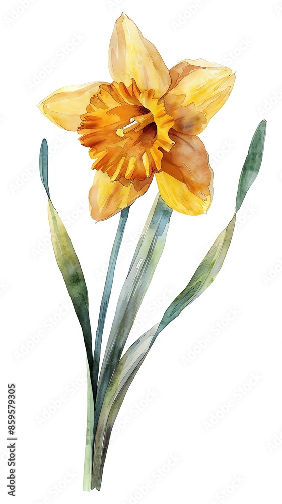 Fototapeta premium Beautiful watercolor illustration of a single yellow daffodil with vibrant green leaves, hand-painted with artistic detail.