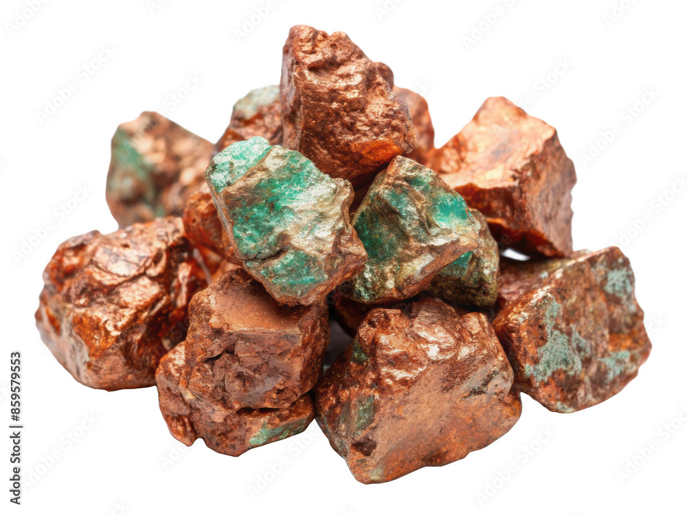 A pile of copper ore rocks with patina. Natural specimens displaying a blend of reddish-brown and greenish-blue hues. Isolated on transparent background, png.