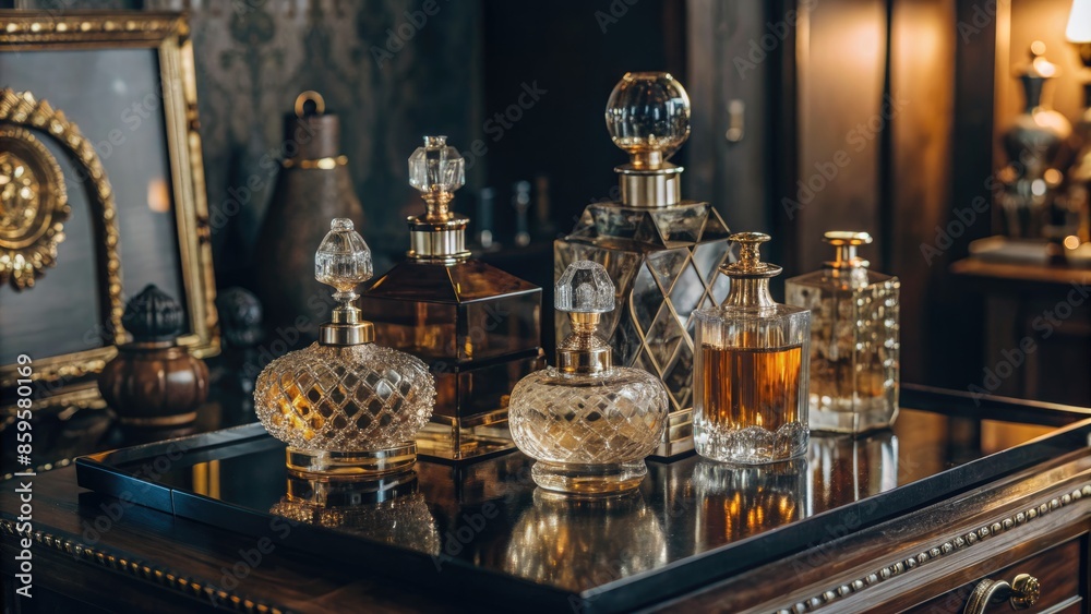 Collection of elegant crystal decanters on a wooden tray. Collection of elegant crystal decanters on a wooden tray.