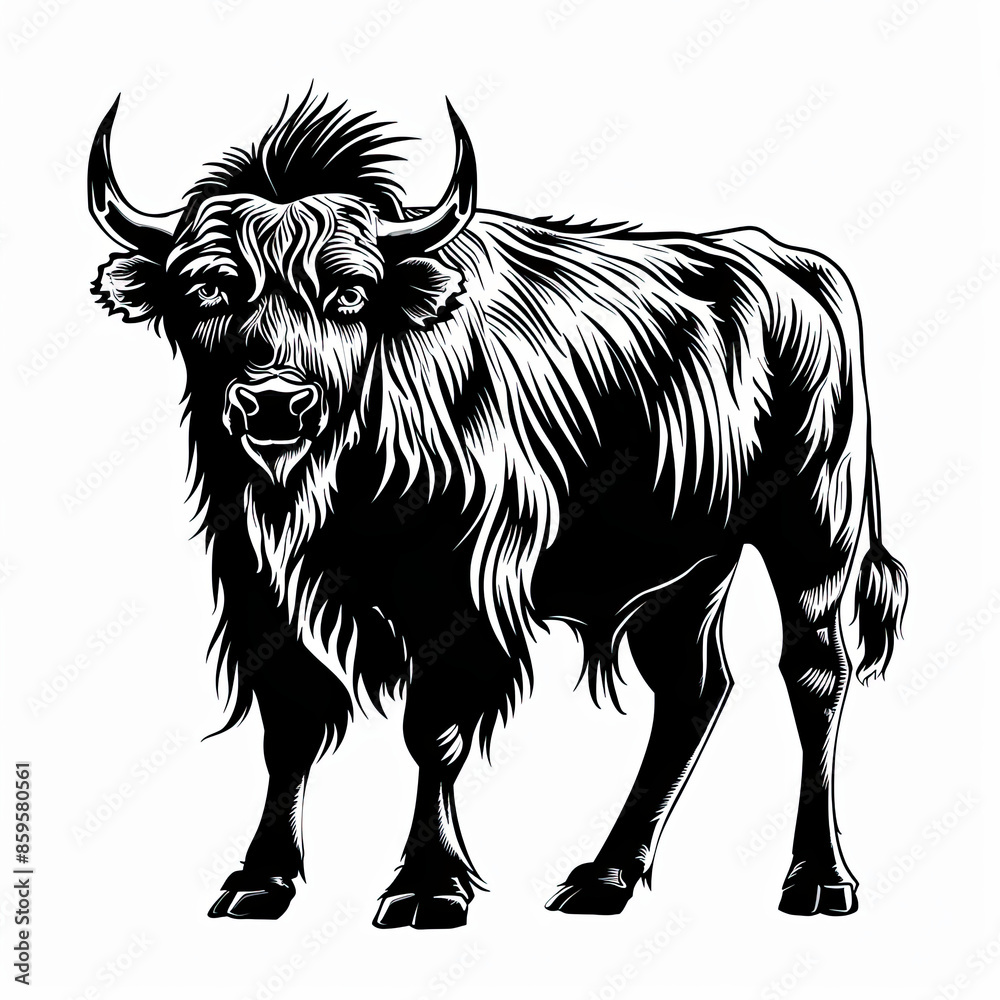 A black and white drawing of a bison with long hair A black and white drawing of a bison with long hair