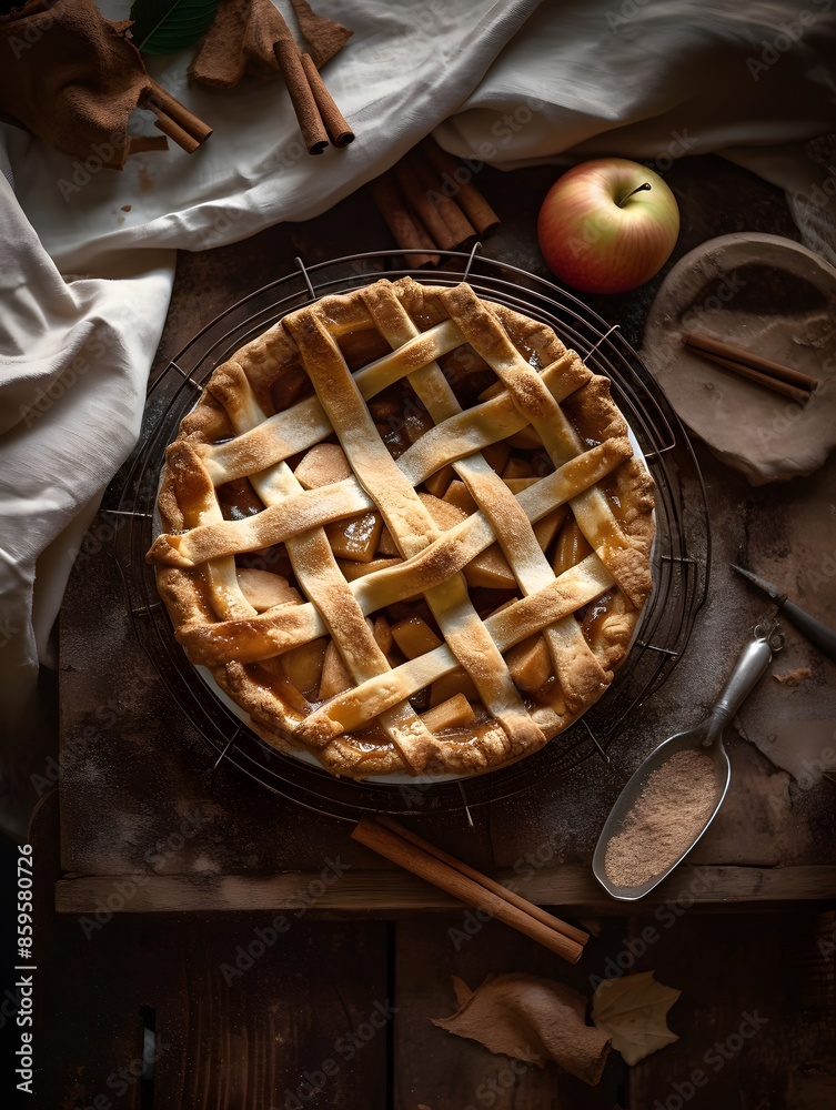 Homemade apple pie with lattice crust on a rustic table. Homemade apple pie with lattice crust on a rustic table.