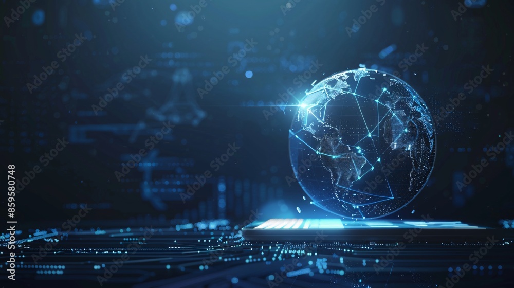 Fototapeta premium Visualizing Data Exchange Digital Earth Wireframe Hologram waving with a tablet Background