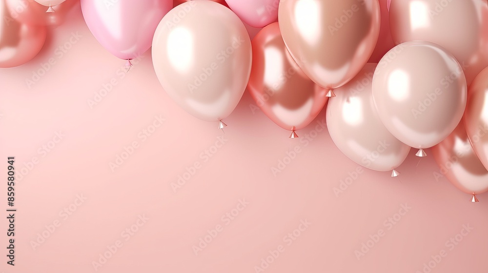 Glossy rose gold balloons and white paper on pink background - birthday celebration concept with empty space for banners and posters, 3d render realistic illustration
Glossy rose gold balloons and white paper on pink background - birthday celebration concept with empty space for banners and posters, 3d render realistic illustration