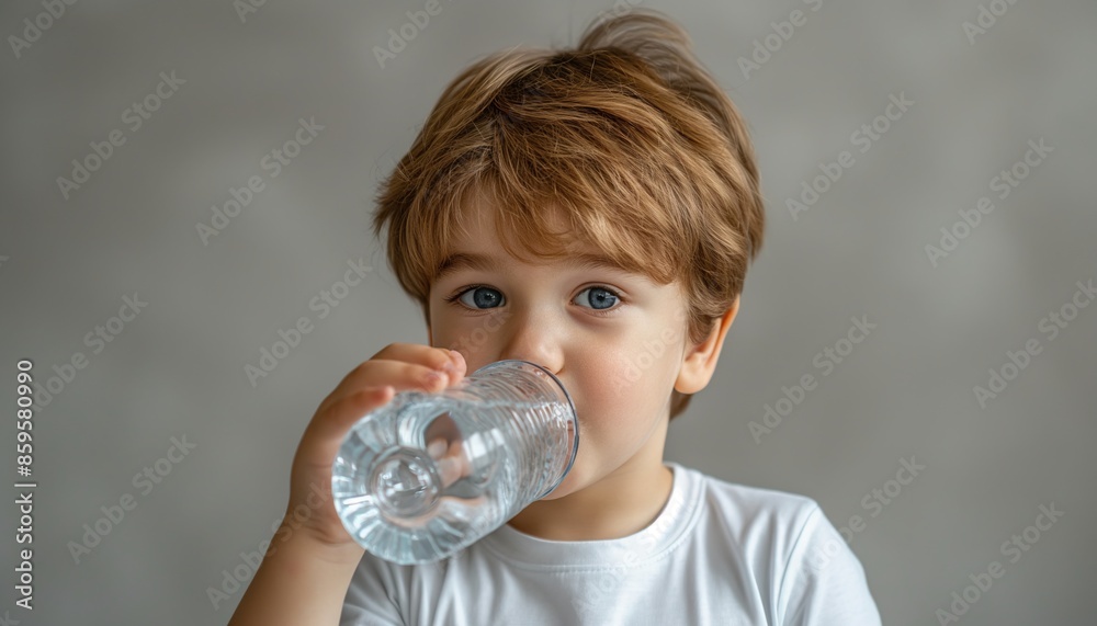 Young boy drinking water from a clear glass while looking at the camera, light background Young boy drinking water from a clear glass while looking at the camera, light background