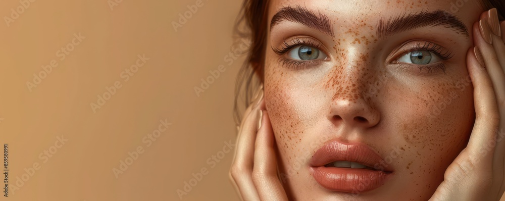 Beautiful girl with perfect skin touching her face, highlighting clear and healthy complexion. Beautiful girl with perfect skin touching her face, highlighting clear and healthy complexion.