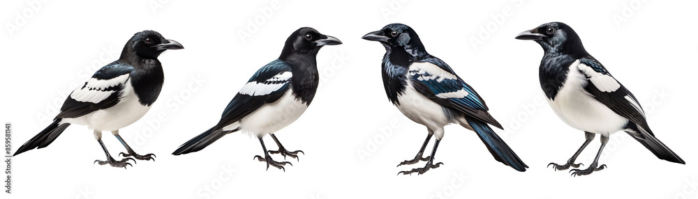 Fototapeta premium Collection of magpie with black and white feathers isolated on transparent background