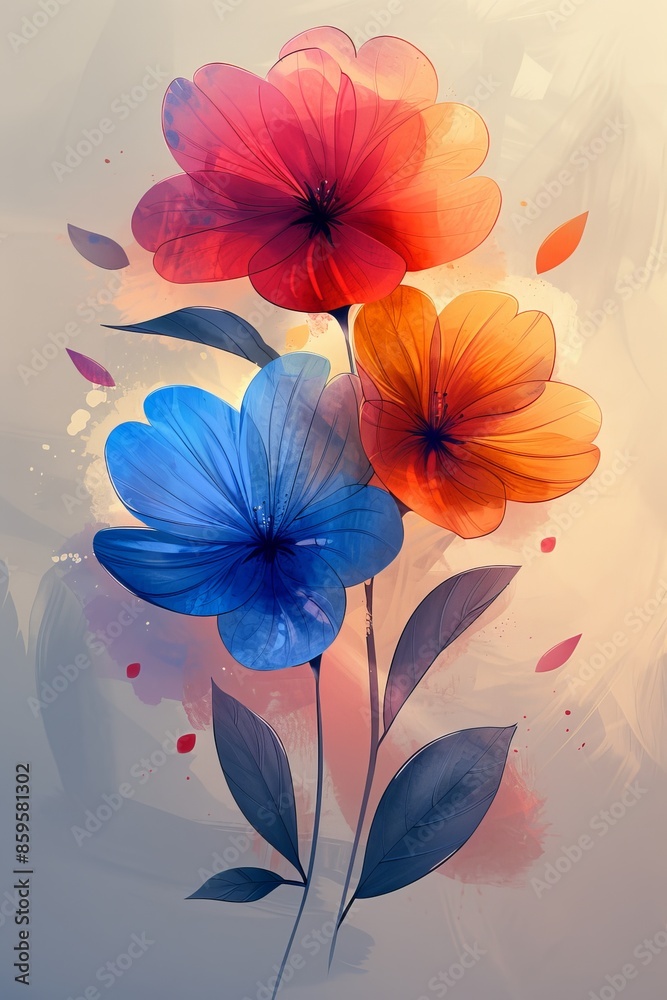 Watercolor Illustration of Three Flowers With Abstract Background