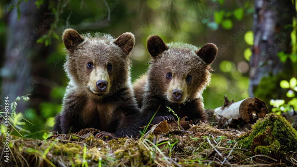 Fototapeta premium Two young brown bear cub in the forest, AI Generative.