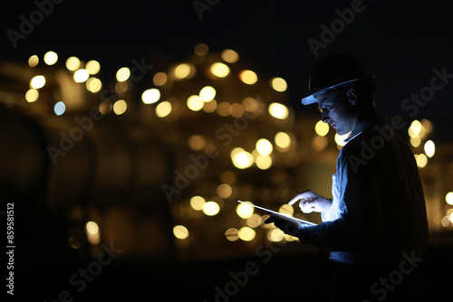 A smart chemical engineer using a digital tablet working late at night with a refinery plant in the background.Engineer working on outdoor building site at night. Engineers working late in power plant