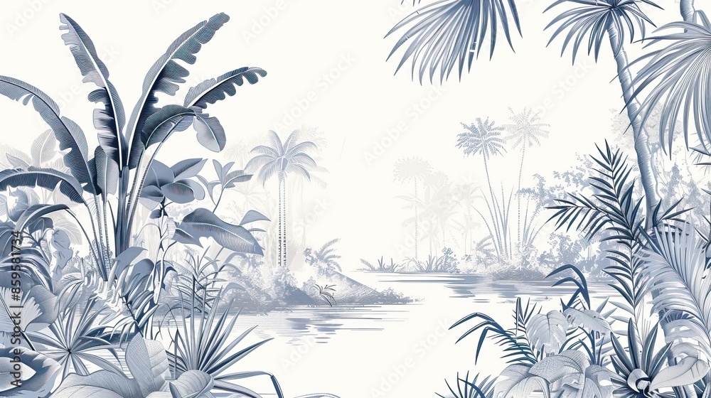 Landscape photograph in black and white. Jungle or forest nature background and mural wallpaper. High quality AI generated image Landscape photograph in black and white. Jungle or forest nature background and mural wallpaper. High quality AI generated image
