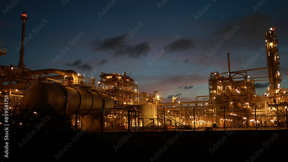 Fototapeta premium Aerial view of chemical plants at night, in an Industrial Park, with pipelines and chimneys throughout the factories and lights glowing in the petrochemical industry estate