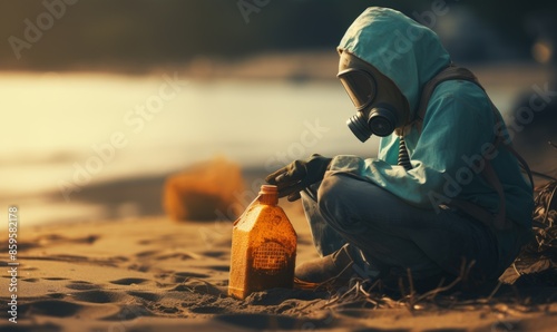 Side view of a man in protective clothing sitting on the shore of a beach picking up rubbish against a blurred background