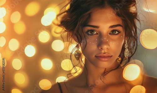 woman with tousled hair and sparkling earrings her look enhanced by the warm glow of bokeh lights