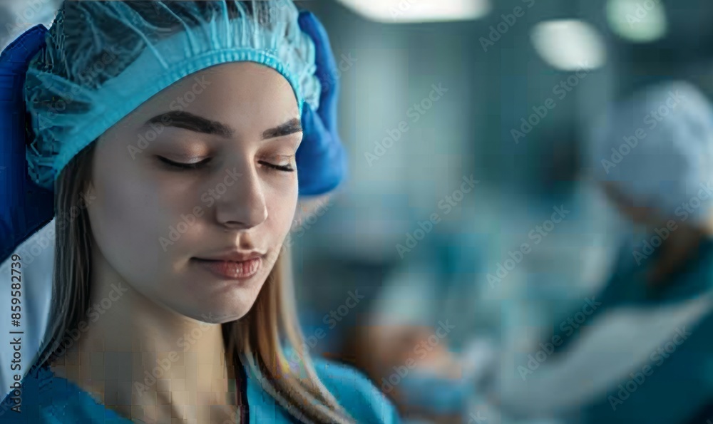 A young female cosmetologist wearing gloves looks at a client with her eyes closed as she stands and prepares for a procedure at the clinic A young female cosmetologist wearing gloves looks at a client with her eyes closed as she stands and prepares for a procedure at the clinic