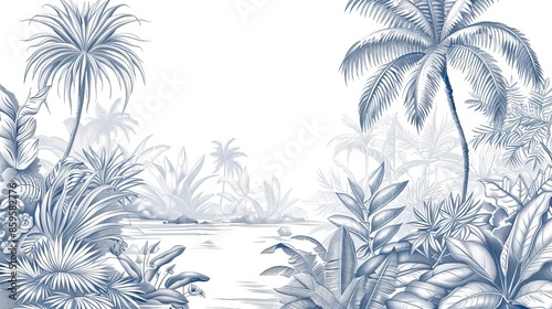 Landscape photograph in black and white. Jungle or forest nature background and mural wallpaper. High quality AI generated image