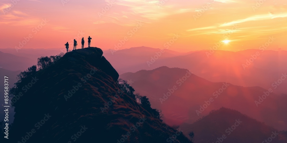 People standing on top of the mountain during sunrise People standing on top of the mountain during sunrise
