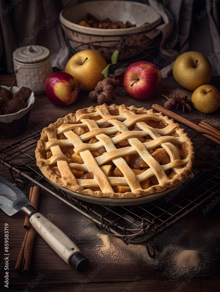 Homemade apple pie with lattice crust on a rustic table. Homemade apple pie with lattice crust on a rustic table.