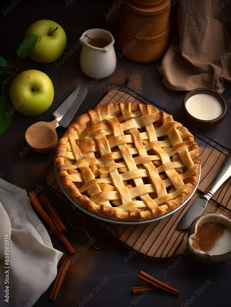 Homemade apple pie with lattice crust on a rustic table. Homemade apple pie with lattice crust on a rustic table.