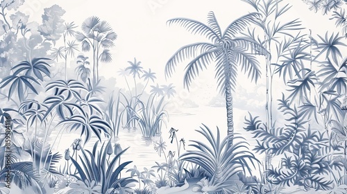 Landscape photograph in black and white. Jungle or forest nature background and mural wallpaper. High quality AI generated image