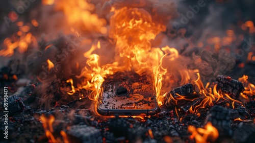 A smartphone wrapped in swirling flames on a charred surface, presenting a powerful image of destruction, heat, and the dynamic contrast between technology and elemental forces.