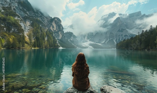 Serene Back View of Woman Admiring Mountain Lake.