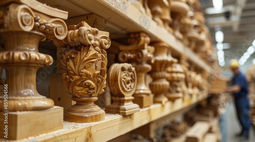 An array of elaborately carved wooden sculptures meticulously arranged on a display shelf, showcasing the artistry and craftsmanship of intricate woodwork designs.