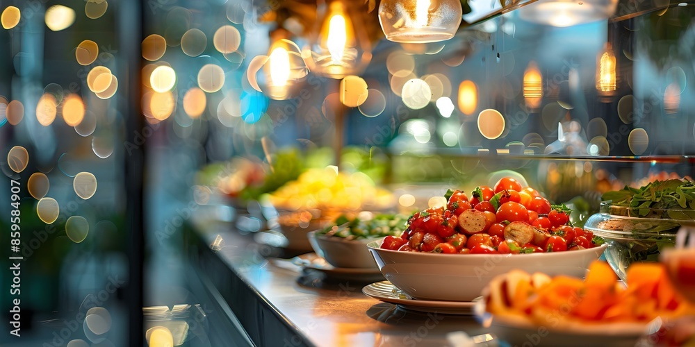 Abstract Background of a Blurry Breakfast Buffet at a Hotel Restaurant with Bokeh Lights. Concept Hotel, Restaurant, Breakfast Buffet, Bokeh Lights, Abstract Background Abstract Background of a Blurry Breakfast Buffet at a Hotel Restaurant with Bokeh Lights. Concept Hotel, Restaurant, Breakfast Buffet, Bokeh Lights, Abstract Background