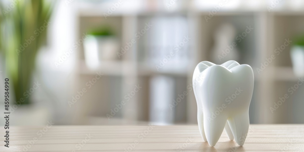 tooth on a table with clinic background, banner with copy space tooth on a table with clinic background, banner with copy space