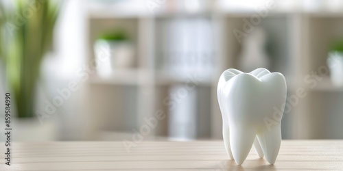 tooth on a table with clinic background, banner with copy space