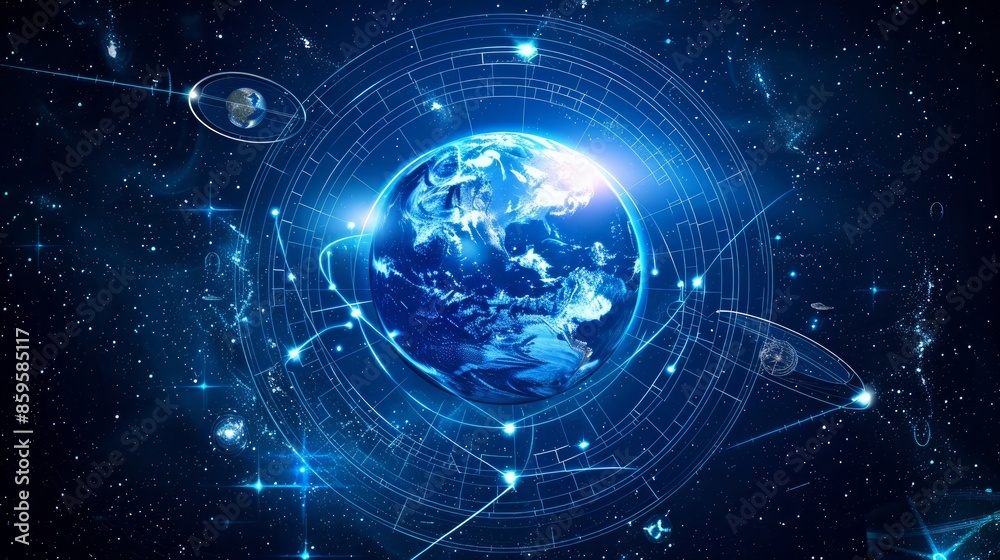 Blue background with Earth in the center. There are rings around Earth as well as satellites. It's an abstract representation of the world's communication systems Blue background with Earth in the center. There are rings around Earth as well as satellites. It's an abstract representation of the world's communication systems