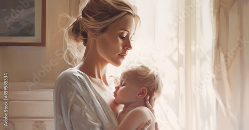 Beautiful young mother with her baby at home. Motherhood concept. photo