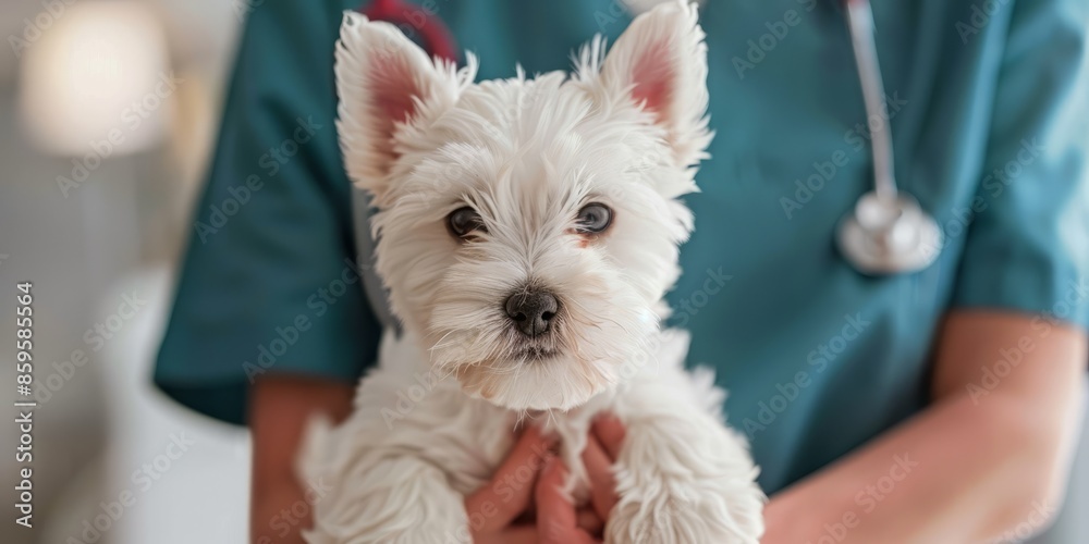 Veterinarian Holding a Cute White West Highland Terrier i Veterinarian Holding a Cute White West Highland Terrier i