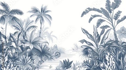 Landscape photograph in black and white. Jungle or forest nature background and mural wallpaper. High quality AI generated image