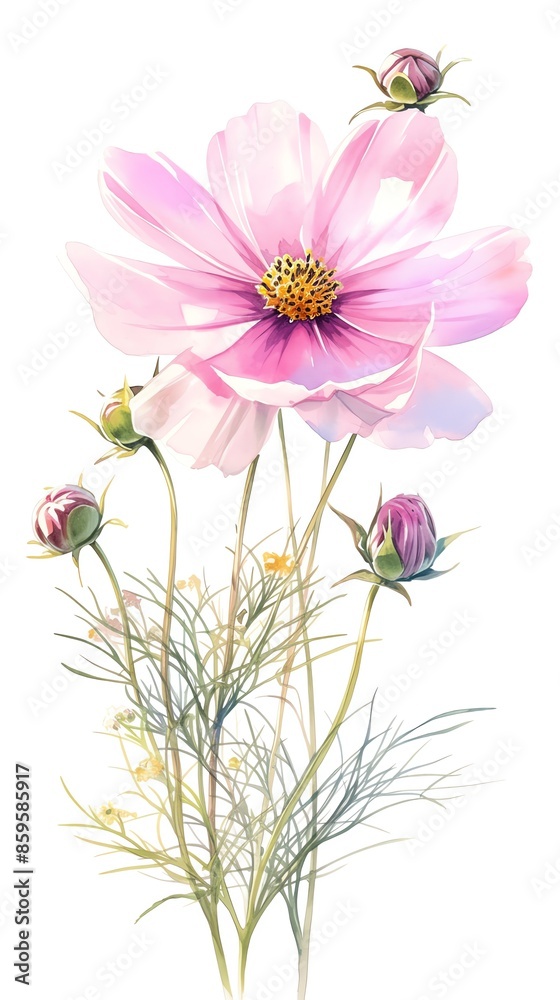 Beautiful watercolor painting of pink cosmos flowers with greenery, perfect for home decor and artistic design projects. Beautiful watercolor painting of pink cosmos flowers with greenery, perfect for home decor and artistic design projects.