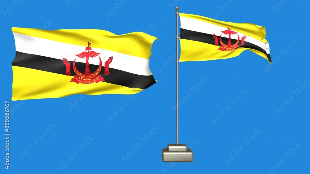Brunei flag waving in the wind on a blue background. 3d Animation of a flag flying with a pole