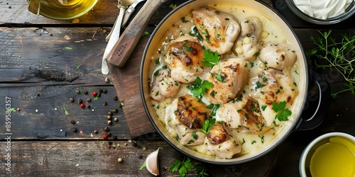 Chicken fricassee cooked in a Dutch oven with a white wine cream sauce. Concept Chicken recipes, Dutch oven cooking, Cream sauce recipes, White wine recipes, Comfort food photo