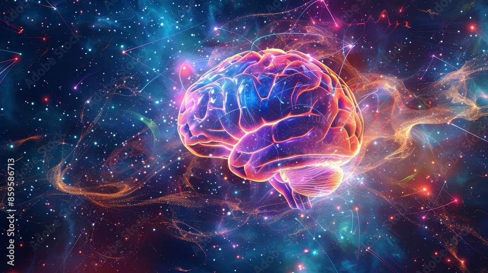 A digital artwork depicts a human brain in a cosmic background with vibrant colors and flowing particles.