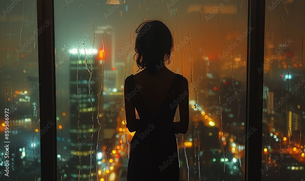 Silhouette of a woman standing by the window of a skyscraper taking in the view of the city in rain at dusk Silhouette of a woman standing by the window of a skyscraper taking in the view of the city in rain at dusk